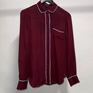 J. Crew Burgundy Sheer Blouse with Light Blue Piping Pajama Top Style